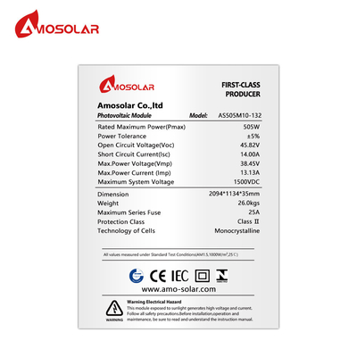 Amosolar Mono Half 182mm 480W 485W 490W 495W 500W 505W A Grade 132 Cells Solar Panel Module